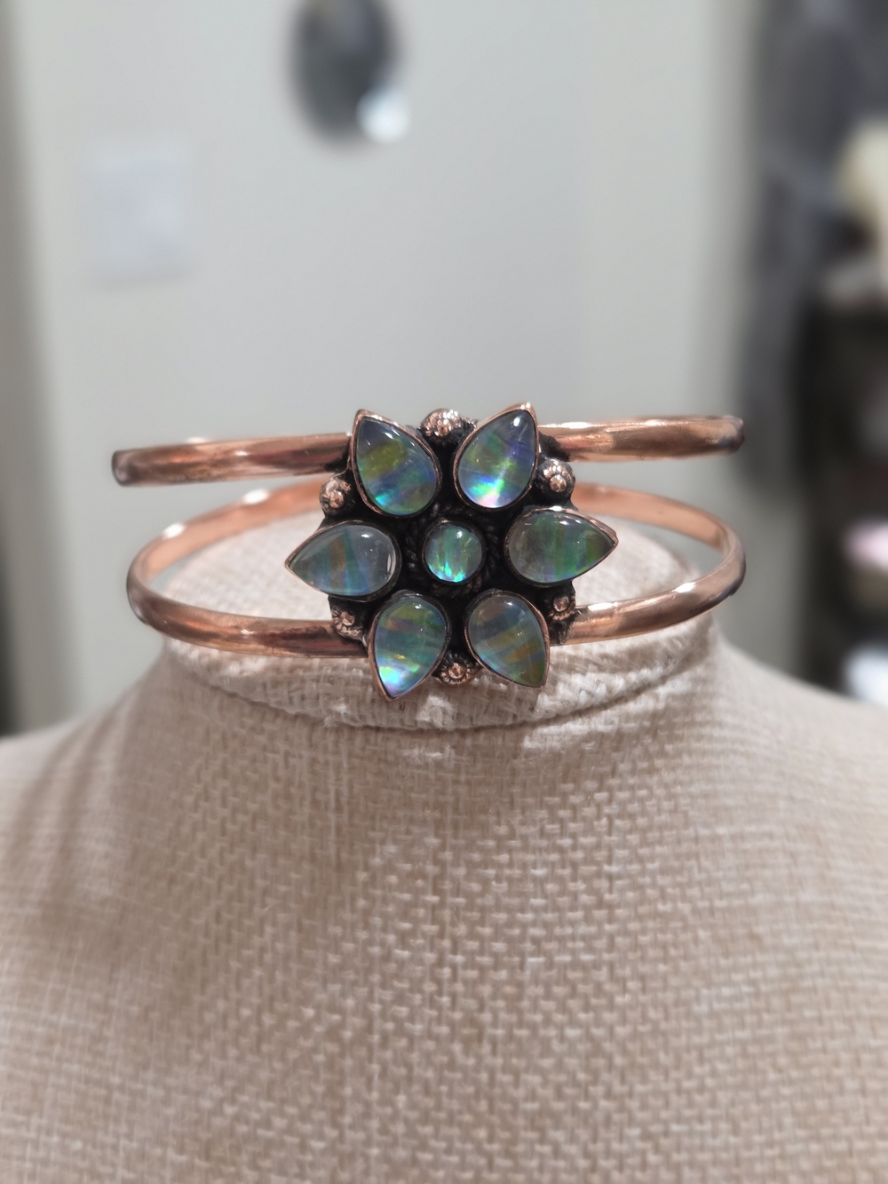 Rose Gold Opal Flower Cuff Bracelet - Iridescent Green Blue